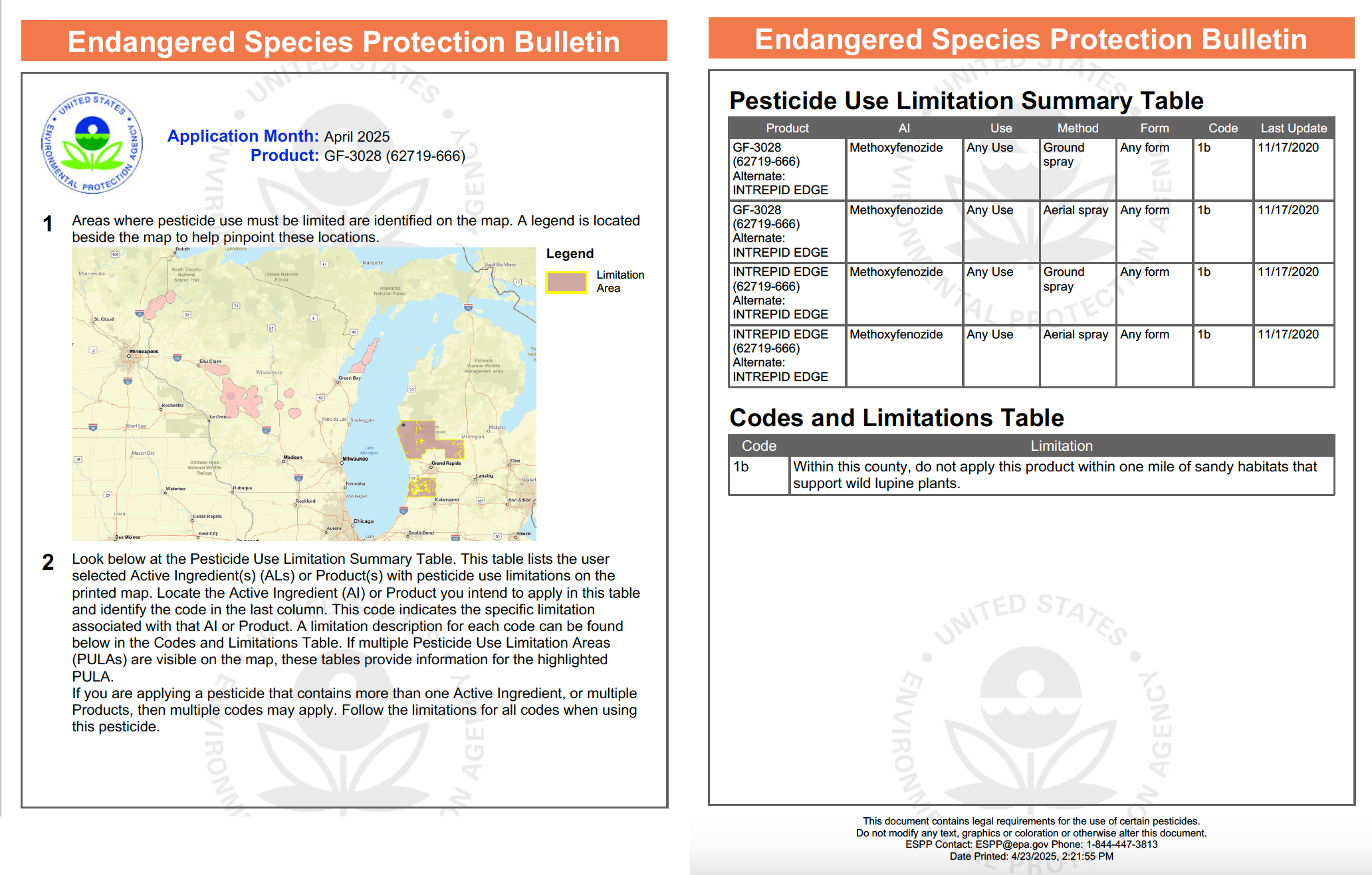 Examples of a bulletin with additional pesticide use limitations for the application of Intrepid Edge in April 2025 in west central Michigan.